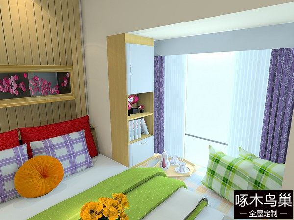 现代卧室效果图 10㎡飘窗处设置了储物柜