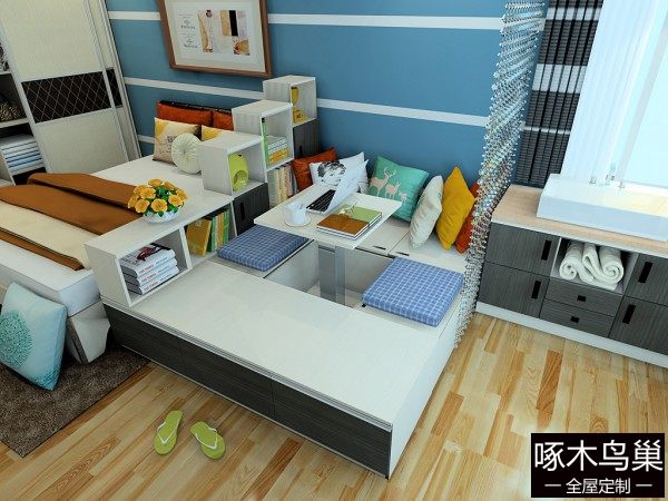 榻榻米卧室效果图 17㎡收纳休闲简约空间