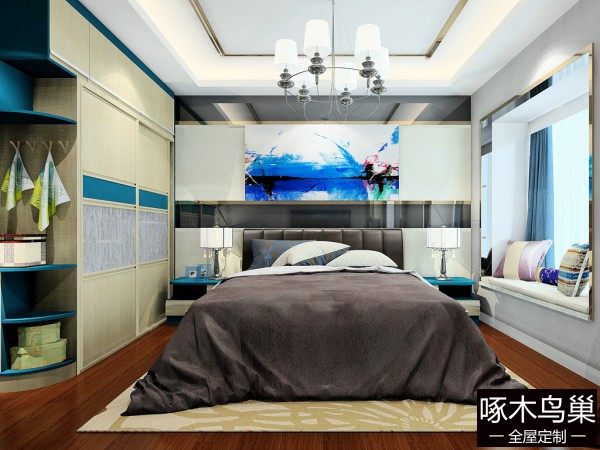 现代简约卧房效果图 13㎡梳妆台电视柜组合