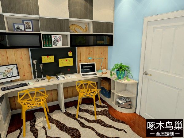 黑白色调书房效果图 7㎡书柜和书桌结合设计