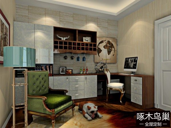 卧室装修效果图 23㎡转角书桌拼接酒柜