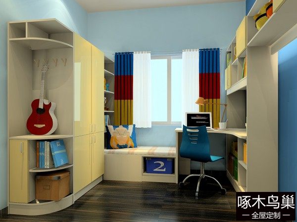 榻榻米儿童房效果图 8㎡自带转角书桌书柜