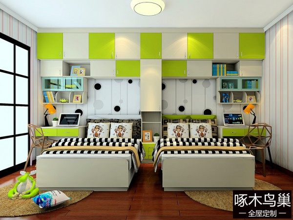 双人床儿童房效果图 13㎡吊柜下两张床和书桌