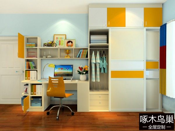 书桌书柜组合儿童房效果图