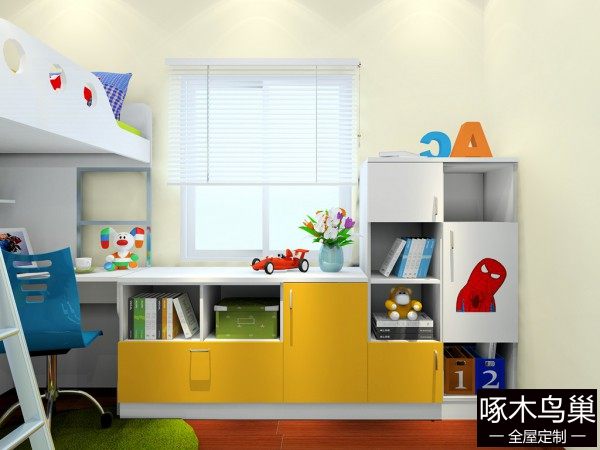 小户型儿童房效果图 6㎡书桌书柜玩合体