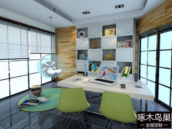 美式书房 高低吊柜和书桌放置使空间充满灵动性