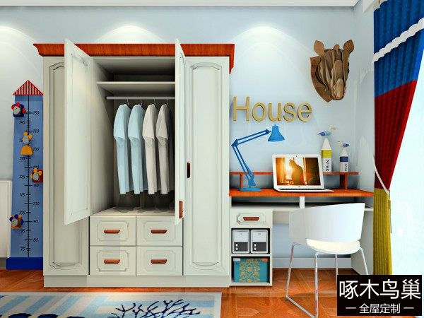 青春探戈男儿童房效果图 12㎡书桌衣柜结合