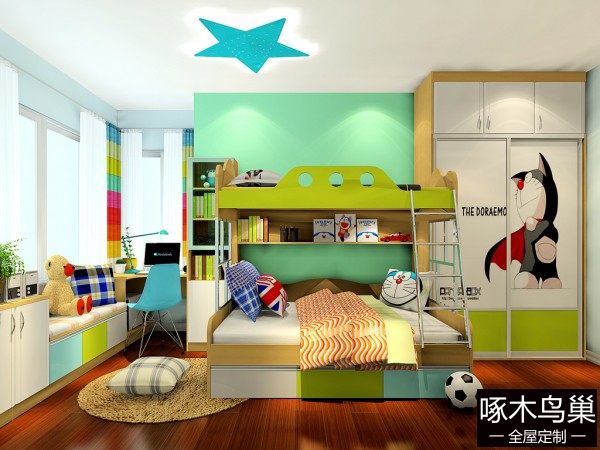 缤纷飘窗儿童房效果图 11㎡上下床相连书柜