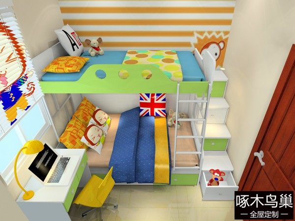 上下床儿童房设计 多色调调节空间氛围