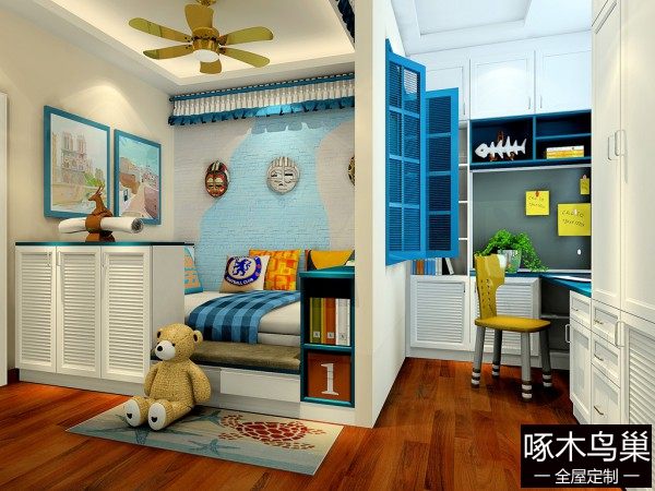 上下床儿童房设计 隔断窗分割了学习和睡眠区域