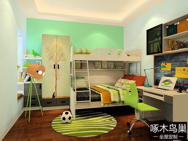 绿色系儿童房 上下床搭配给人清爽感