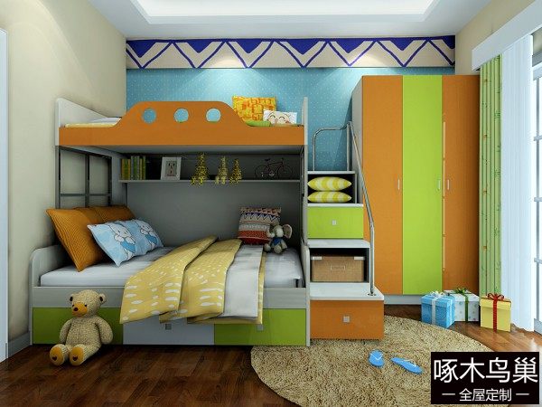 上下床儿童房效果图 10㎡活泼青春的绿色