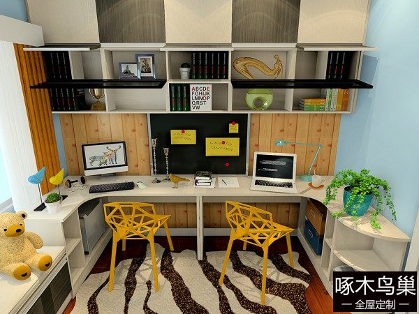 黑白色调书房效果图 7㎡书柜和书桌结合设计