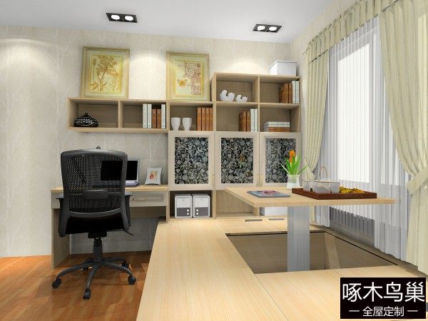 榻榻米书房设计 简易书柜设置增加自然舒适感