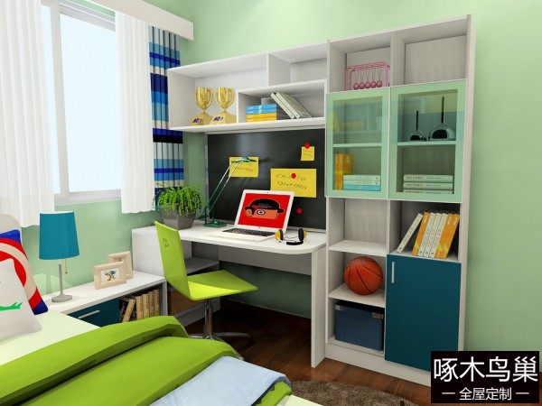 绿色儿童房效果图 9平书柜的设计满足孩子学习需...