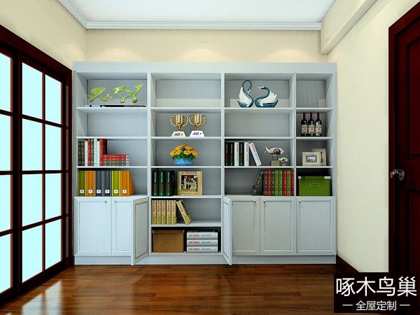 一字型书房效果图 7㎡整体书柜收纳空间极强