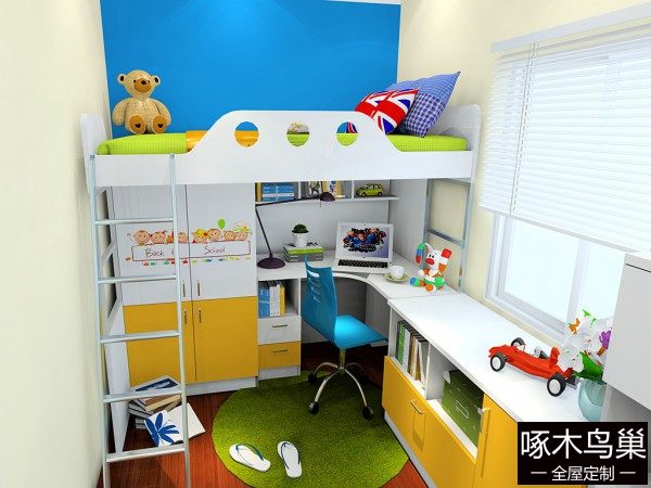 小户型儿童房效果图 6㎡书桌书柜玩合体