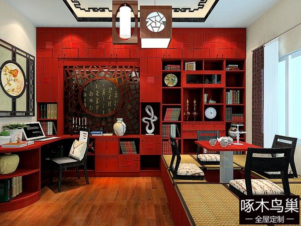 中式书房效果图 10㎡榻榻米组合书柜休闲办公两...