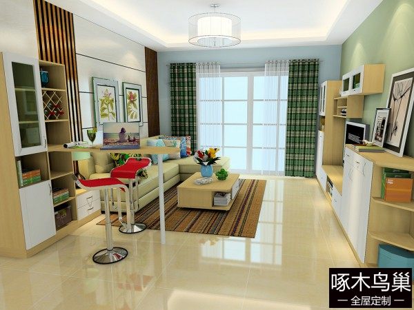 飘窗书柜客餐厅效果图 34㎡整体摆放整齐大方