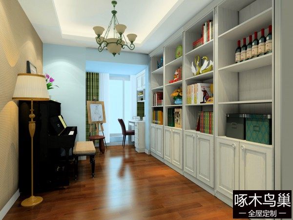 书柜书房装修效果图 12㎡整排书柜简洁大方