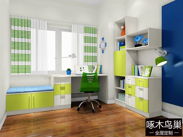 书柜儿童房效果图 10平绿意组合