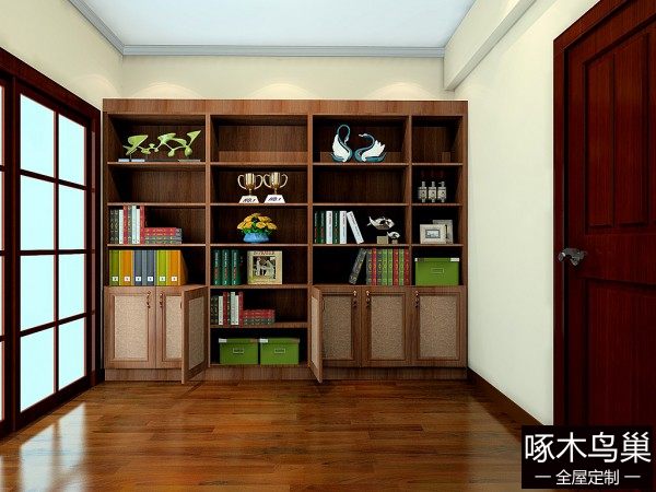 一字型整体书柜书房效果图
